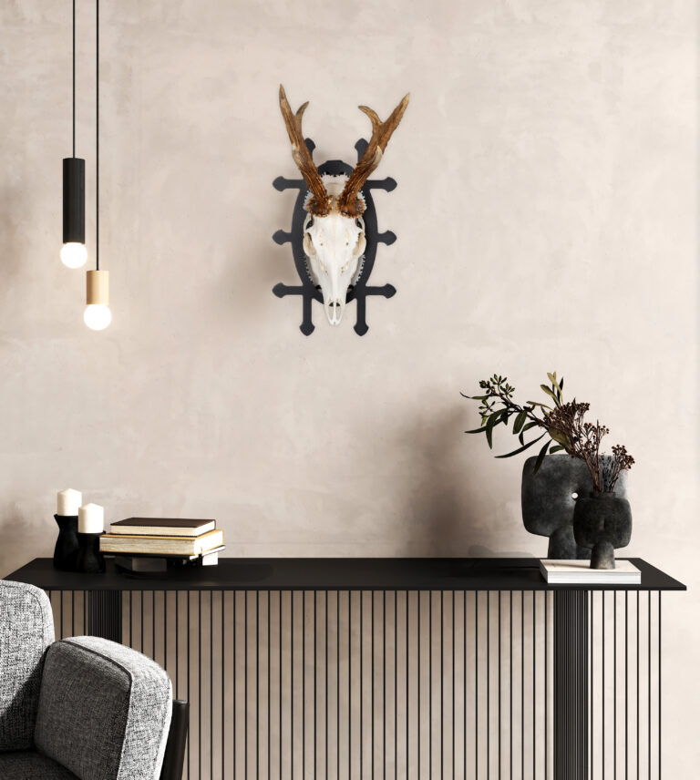 Frame mockup in home interior with decoration, living room in beige warm color with black console, 3d render